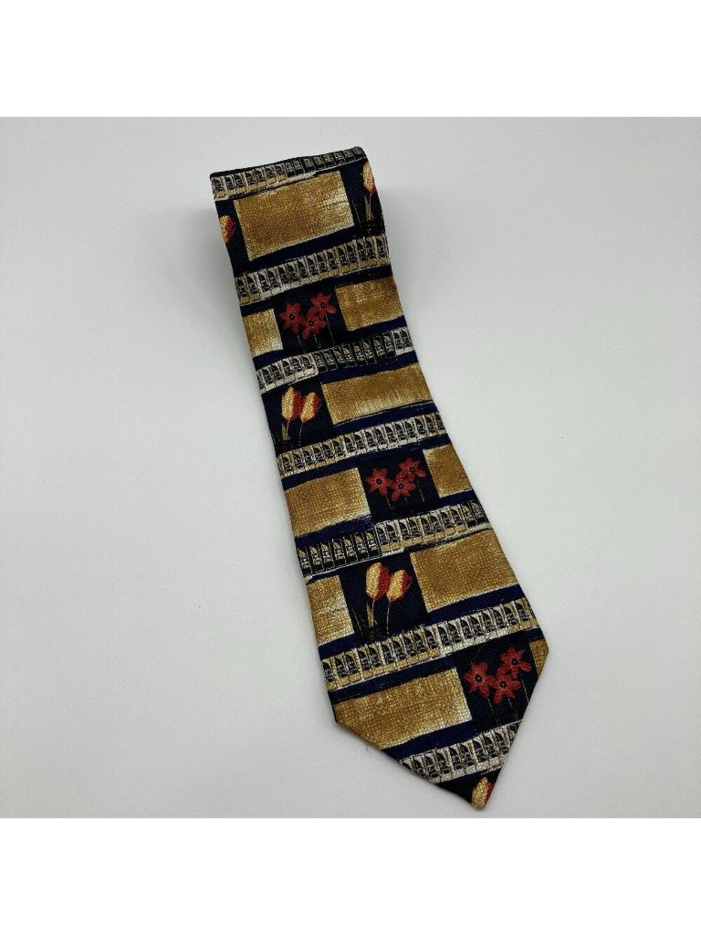 Vintage Bolgheri Silk Tie Geometric Floral Navy Gold Red Made in Italy 58” - T6